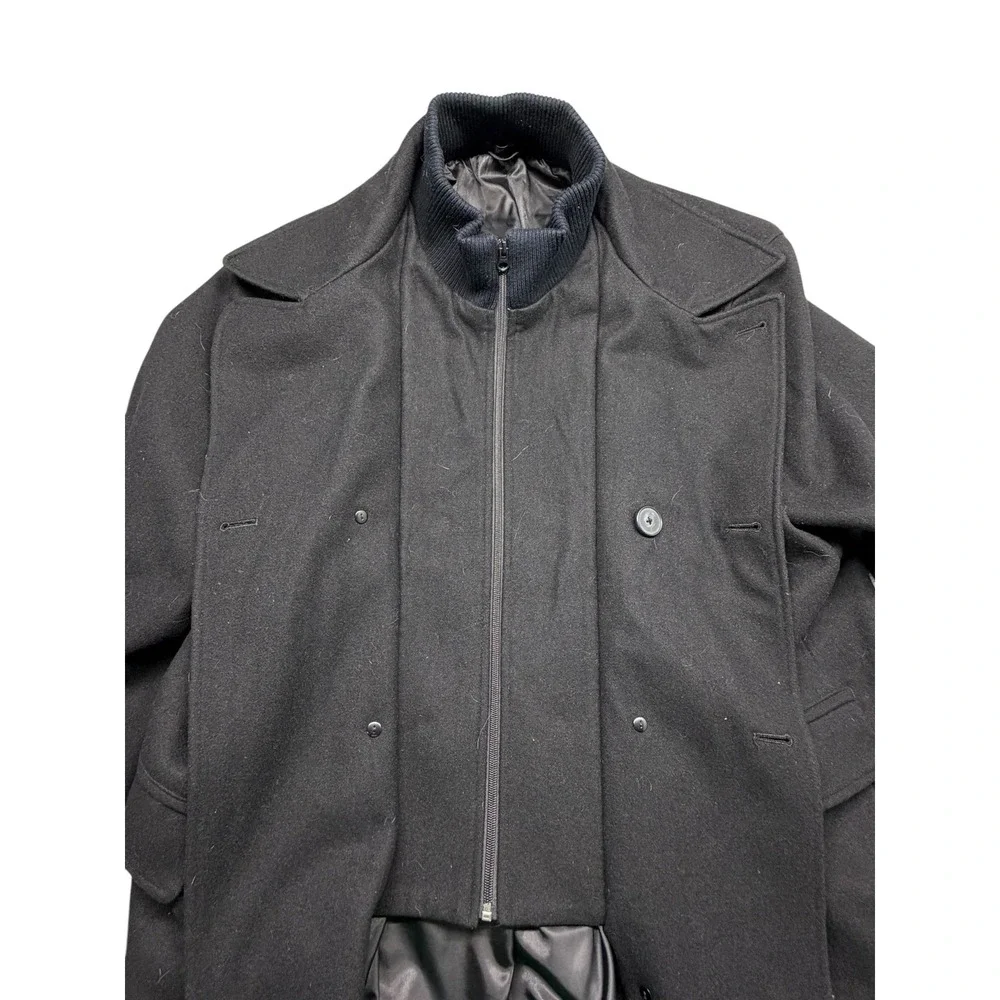 Claiborne Mens XXL Black Wool Blend Pea Coat Double Breasted Zip Bib Overcoat